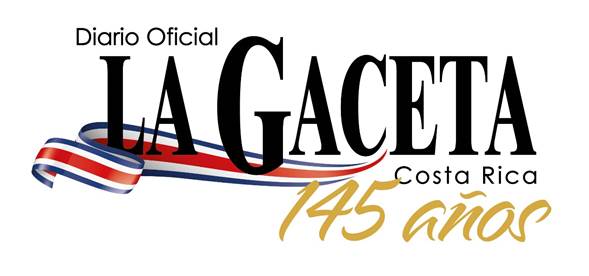 Logotipo de La Gaceta conformado por el texto "Diario Oficial La Gaceta Costa Rica 145 años" con una bandera de Costa Rica entrelazada entre las letras negras y el texto de 145 años en dorado.